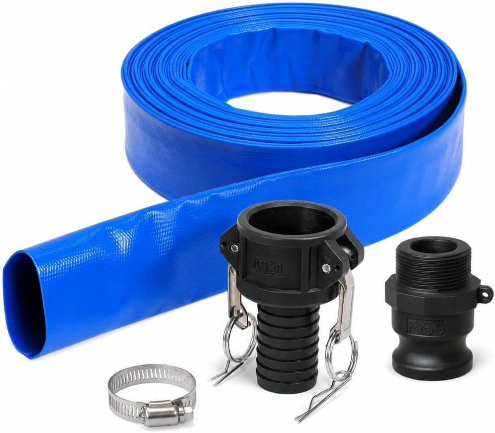 Pool Backwash Drain Hose Lay Flat Discharge Hose 1-1/2" x 25ft Reinforced Drain Pipe with Camlock Fittings for Pump Pool Drainage Includes 150F Adapter and Stainless Steel Clamp