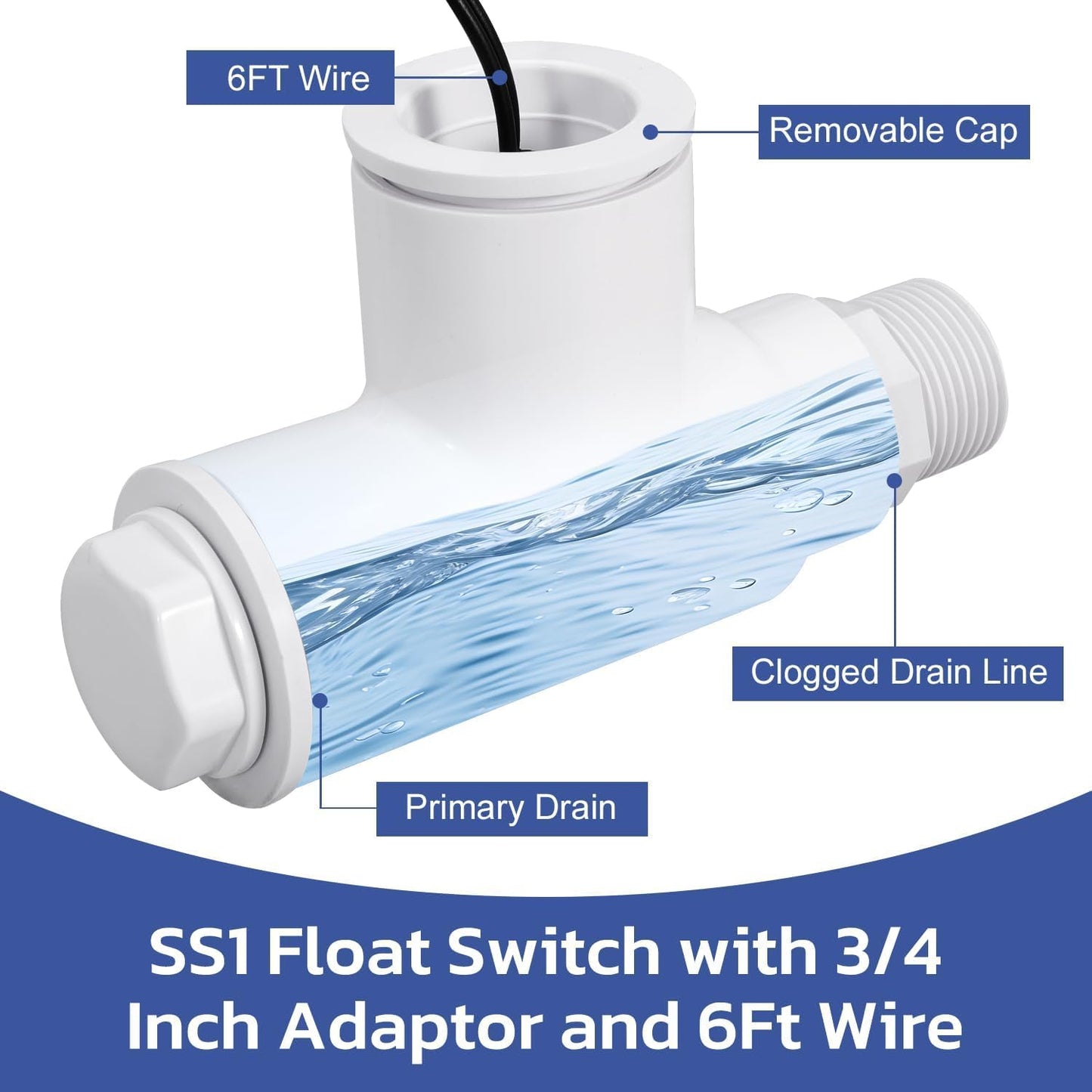 SS1 Float Switch Condensate Overflow Switch with 3/4 Inch Adaptor and 6FT Wire for HVAC Drain Pan Condensate for condensate Overflow Detection (6Pack)