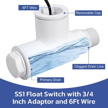 SS1 Float Switch Condensate Overflow Switch with 3/4 Inch Adaptor and 6FT Wire for HVAC Drain Pan Condensate for condensate Overflow Detection (6Pack)