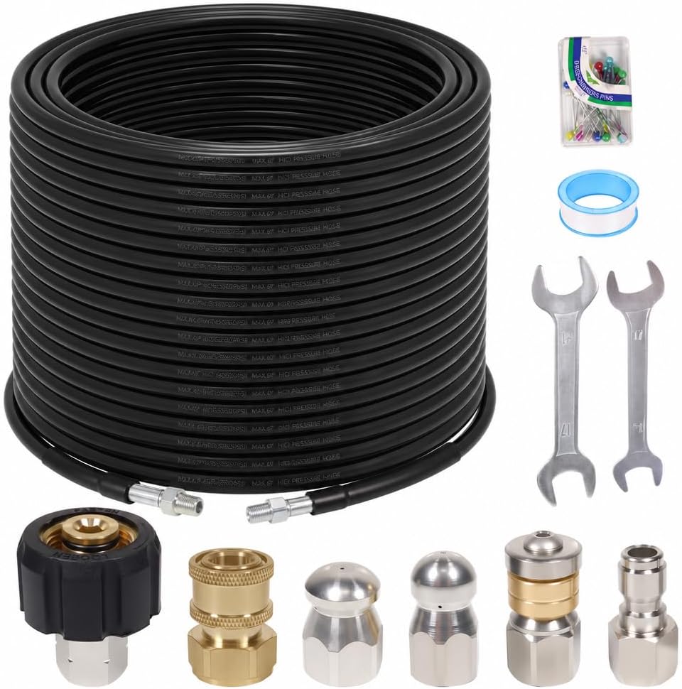 70FT Sewer Jetter Kit for Pressure Washer, 5800PSI, 1/4 Inch NPT Drain Cleaner Hose Sewer Jetting with Rotating Corner Button Nose Nozzle for Pipe Cleaning