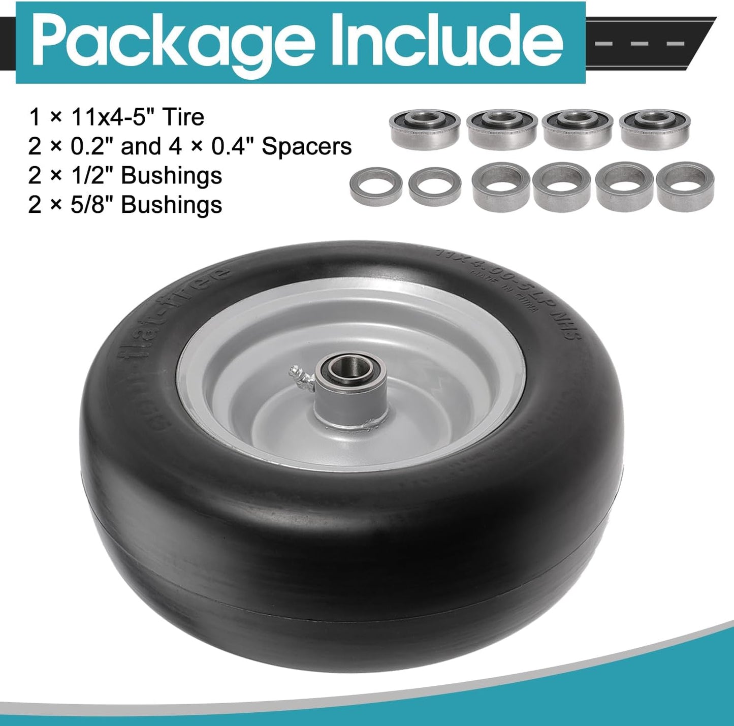 11x4.00-5" Front Wheel Flat Free Mower Tire, Solid Smooth Tire for John Deere for Craftsman for Toro Zero Turn Lawn Mower with 3.4"-5" Center Hub and 3/4" 5/8" 1/2" Precision Bearings (Silver-1pc)
