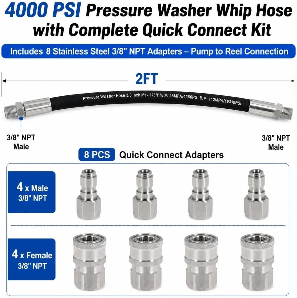 2FT Pressure Washer Whip Hose 4000 PSI Includes 4 Set 3/8" Male and Female Quick Connectors High Pressure Jumper Hose with 3/8" NPT Steel Connectors for Hose Reel, Pump to Reel Connection