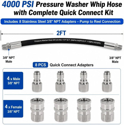 2FT Pressure Washer Whip Hose 4000 PSI Includes 4 Set 3/8" Male and Female Quick Connectors High Pressure Jumper Hose with 3/8" NPT Steel Connectors for Hose Reel, Pump to Reel Connection