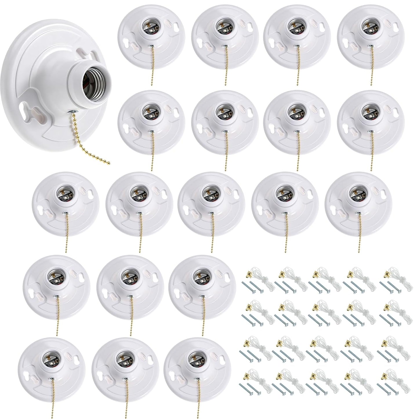 20 Pack for E26 Light Base Socket with Pull Chain Keyless Lamp Base Holder White Ceiling Bulb Socket 660W Outlet Box Mount for Incandescent for LED for Fluorescent Bulbs Indoor Outdoor Use
