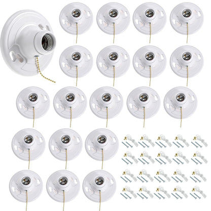 20 Pack for E26 Light Base Socket with Pull Chain Keyless Lamp Base Holder White Ceiling Bulb Socket 660W Outlet Box Mount for Incandescent for LED for Fluorescent Bulbs Indoor Outdoor Use