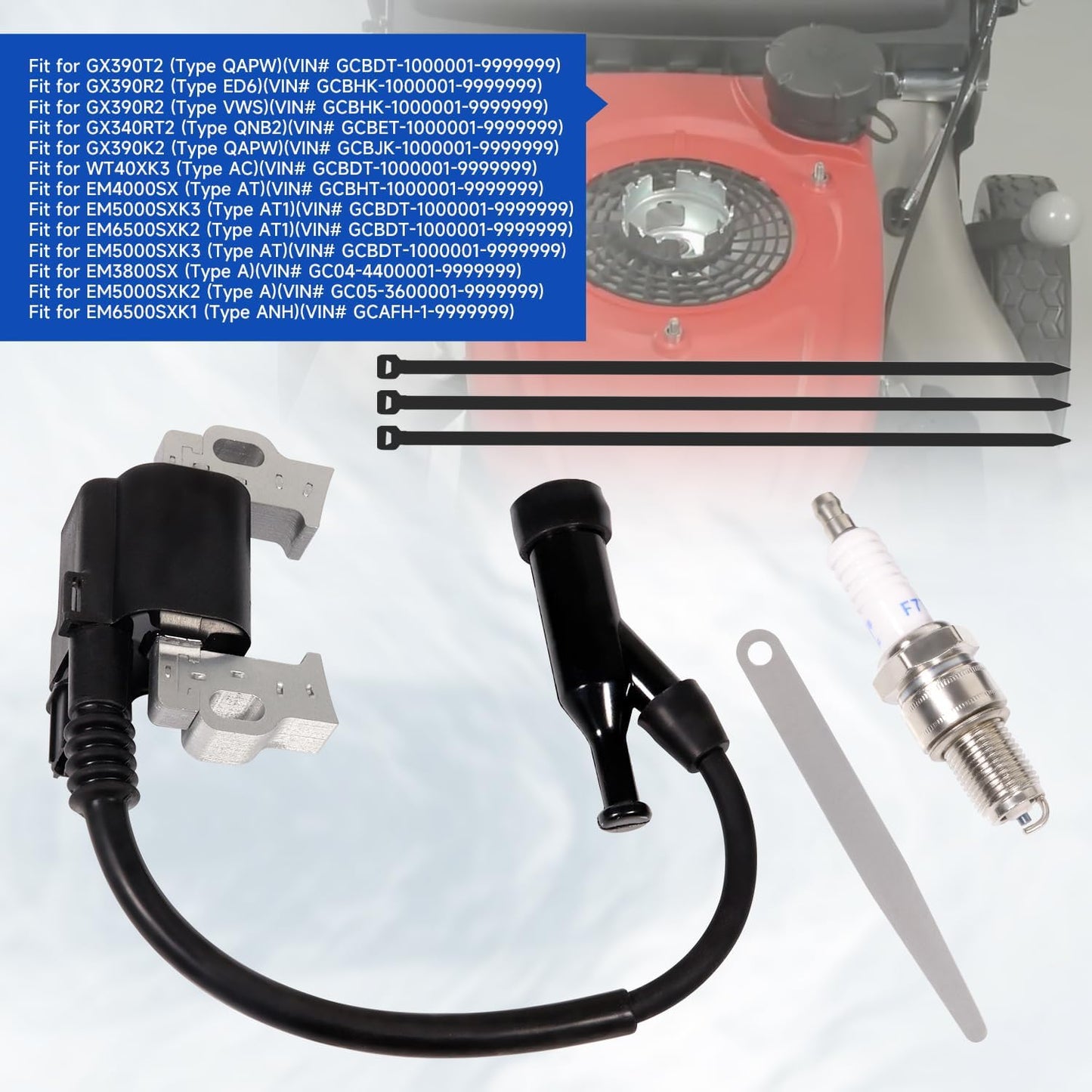 Ignition Coil for Honda GX390 Engine Compatible with 30500-Z5T-003 Includes 1 Pieces of Spark Plugs and a 0.4 Feeler Gauge and 3Pcs ties
