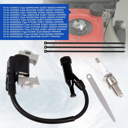 Ignition Coil for Honda GX390 Engine Compatible with 30500-Z5T-003 Includes 1 Pieces of Spark Plugs and a 0.4 Feeler Gauge and 3Pcs ties