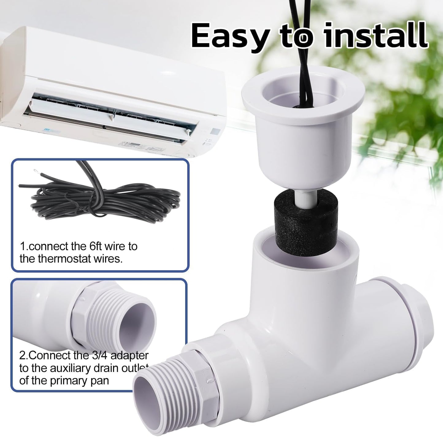 SS1 Float Switch Condensate Overflow Switch with 3/4 Inch Adaptor and 6FT Wire for HVAC Drain Pan Condensate for condensate Overflow Detection (6Pack)