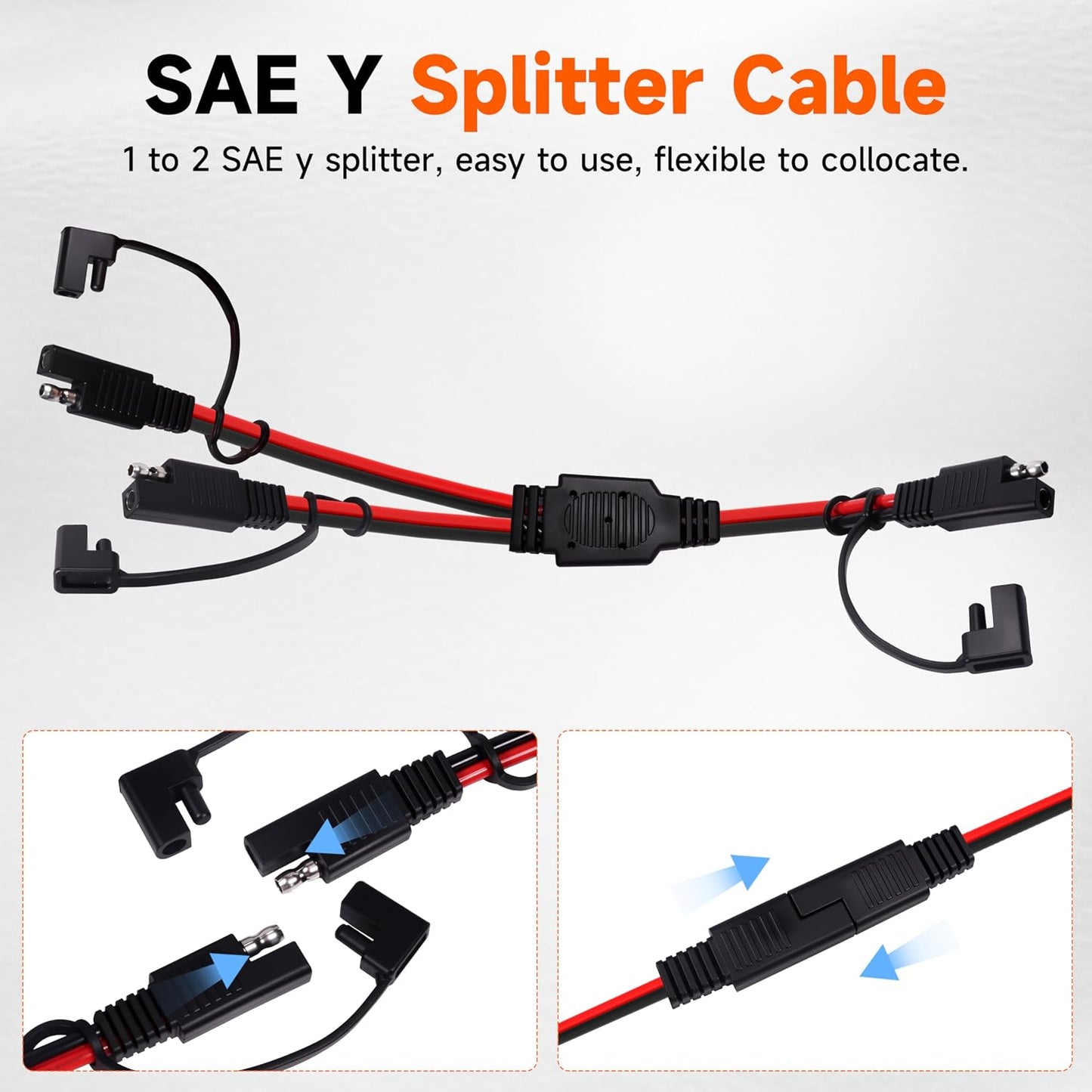 12 Inch 14AWG SAE Y Splitter 14 AWG 14 Gauge 1 to 2 SAE Extension Cable, 2 Prong DC Power Connector with Dust Cover for Solar Panel Battery Charger (14AWG 12in, 2pcs)