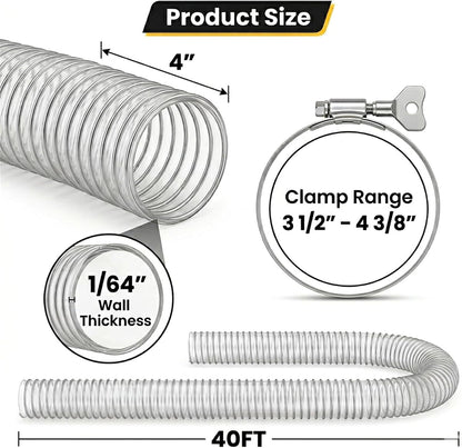 4" x 40' Heavy Duty Dust Collection Hose, Thickened Clear PVC Flexible Hose with Steel Wire Reinforced, Puncture Resistant for Woodworking Dust Collector System