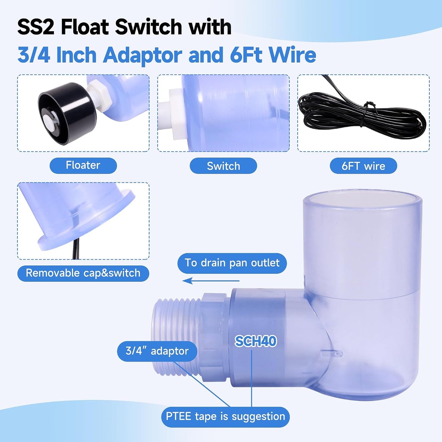 SS2 Float Switch with 3/4 Inch Adaptor and 6Ft Wire Water Float Switch for HVAC Drain Pan Condensate Outlet (1Pcs)