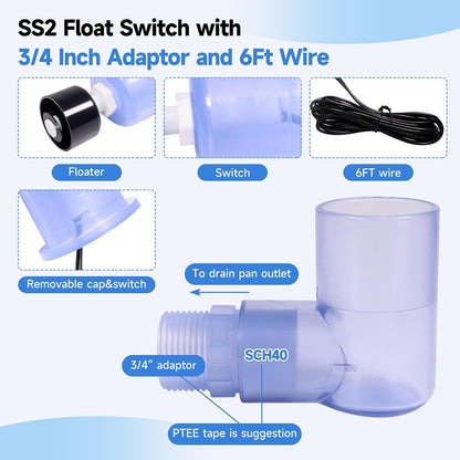 SS2 Float Switch with 3/4 Inch Adaptor and 6Ft Wire Water Float Switch for HVAC Drain Pan Condensate Outlet (1Pcs)
