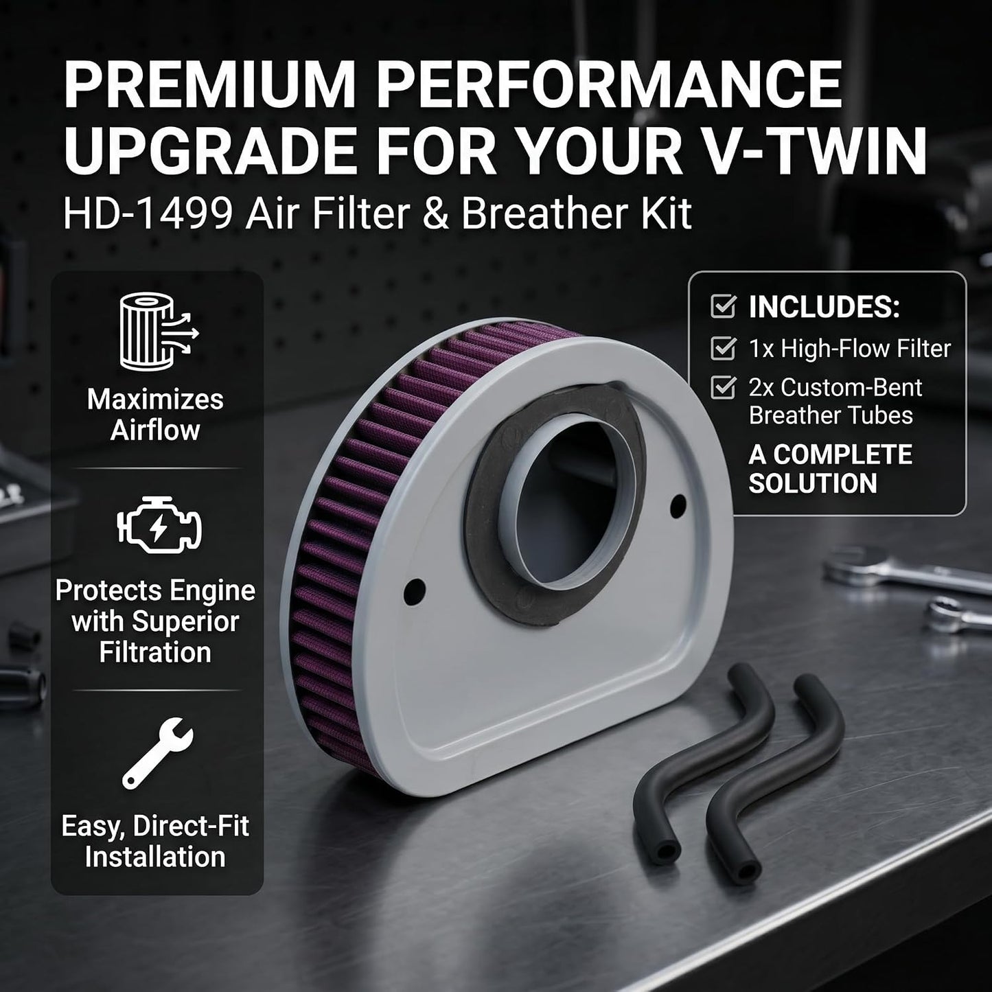29461-99 HD-1499 Air Filter and 29476-99 Breather Tube Kit Fits for Harley Davidson 1999-2007 Motorcycles