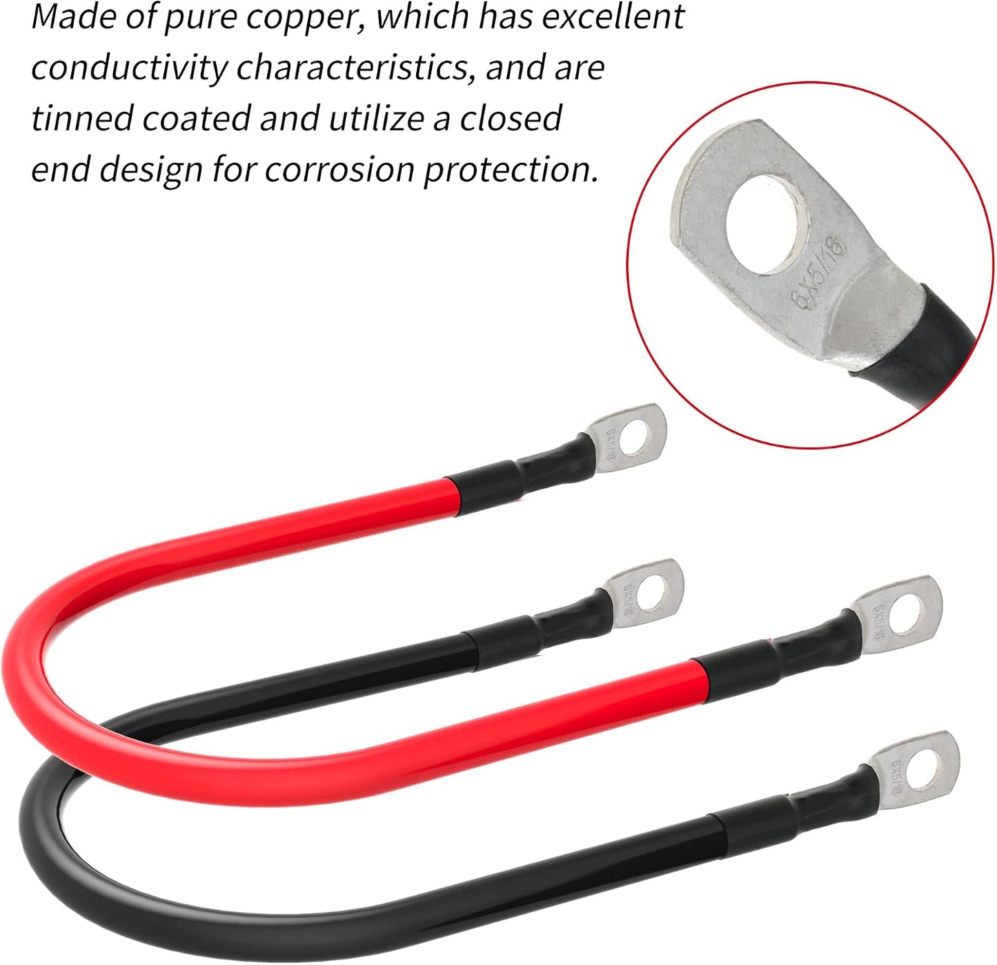 6 AWG Battery Cables 6 Gauge Battery Power Inverter Cable with 5/16 Inch Tinned Copper Lugs Both Ends for Solar Marine Boat RV Car Motorcycle 2 pcs (1FT)