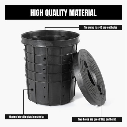 Perforated Sump Pump Bucket Sump Basin Sump Pump Basin with Lid with 40 Drillled Holes for Crawl Spaces, Yards, Patio and Driveways, 13" Top Dia × 10.63" Base × 15" H Water Bucket
