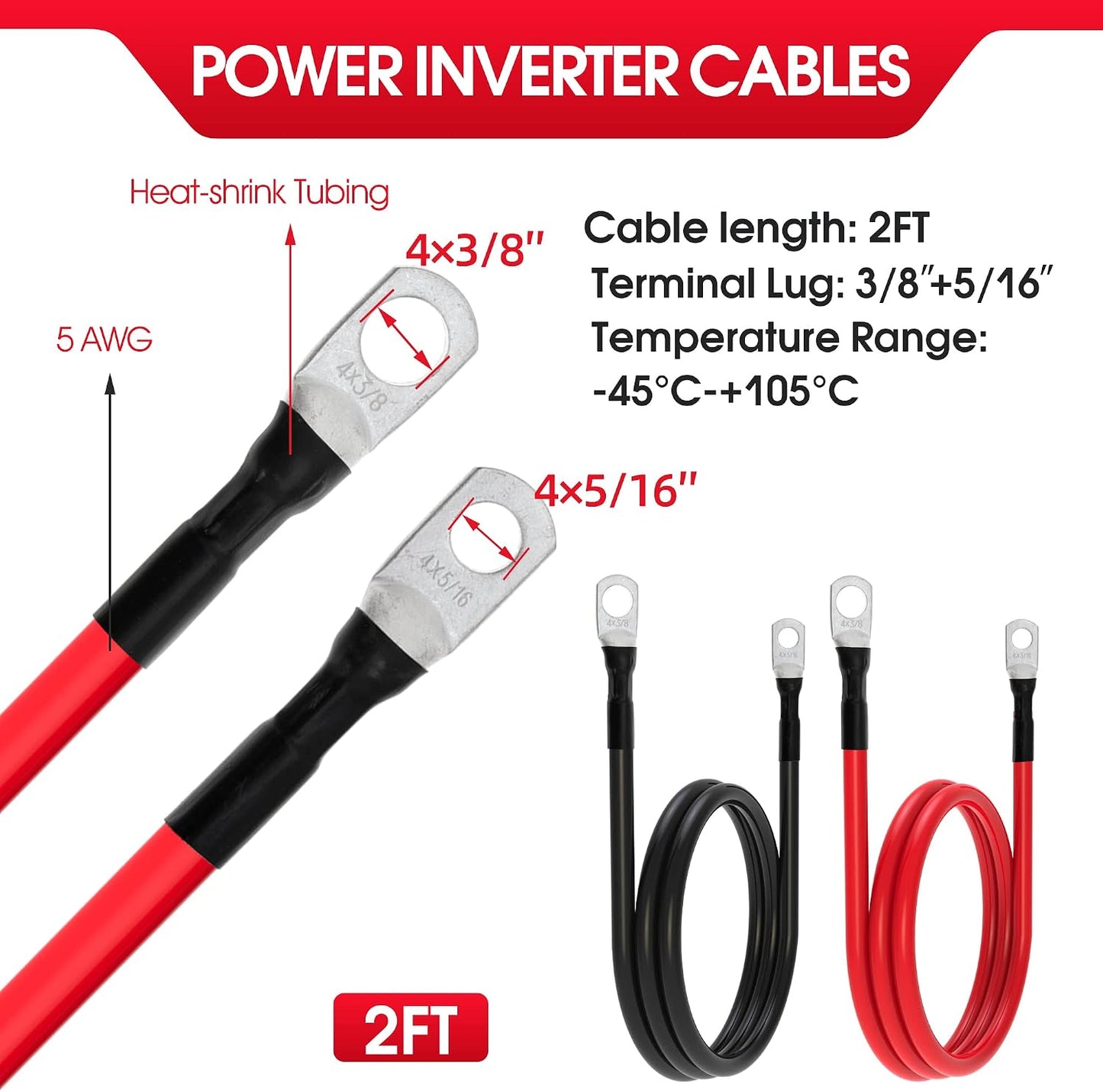 5 AWG Battery Cables 5 Gauge Power Inverter Cables with 3/8 Inch and 5/16 Inch Lugs Each End for Solar Marine Boat Vessel RV Car SUV Truck Tractor Motorcycle 2pcs (2FT, 5 AWG)