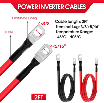 5 AWG Battery Cables 5 Gauge Power Inverter Cables with 3/8 Inch and 5/16 Inch Lugs Each End for Solar Marine Boat Vessel RV Car SUV Truck Tractor Motorcycle 2pcs (2FT, 5 AWG)