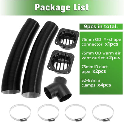 75mm Diesel Heater Pipe Duct Vent Kit with Warm Air Outlet for Webasto for Eberspacher 2KW 5KW 8KW Diesel Parking Heaters (Y-shape)