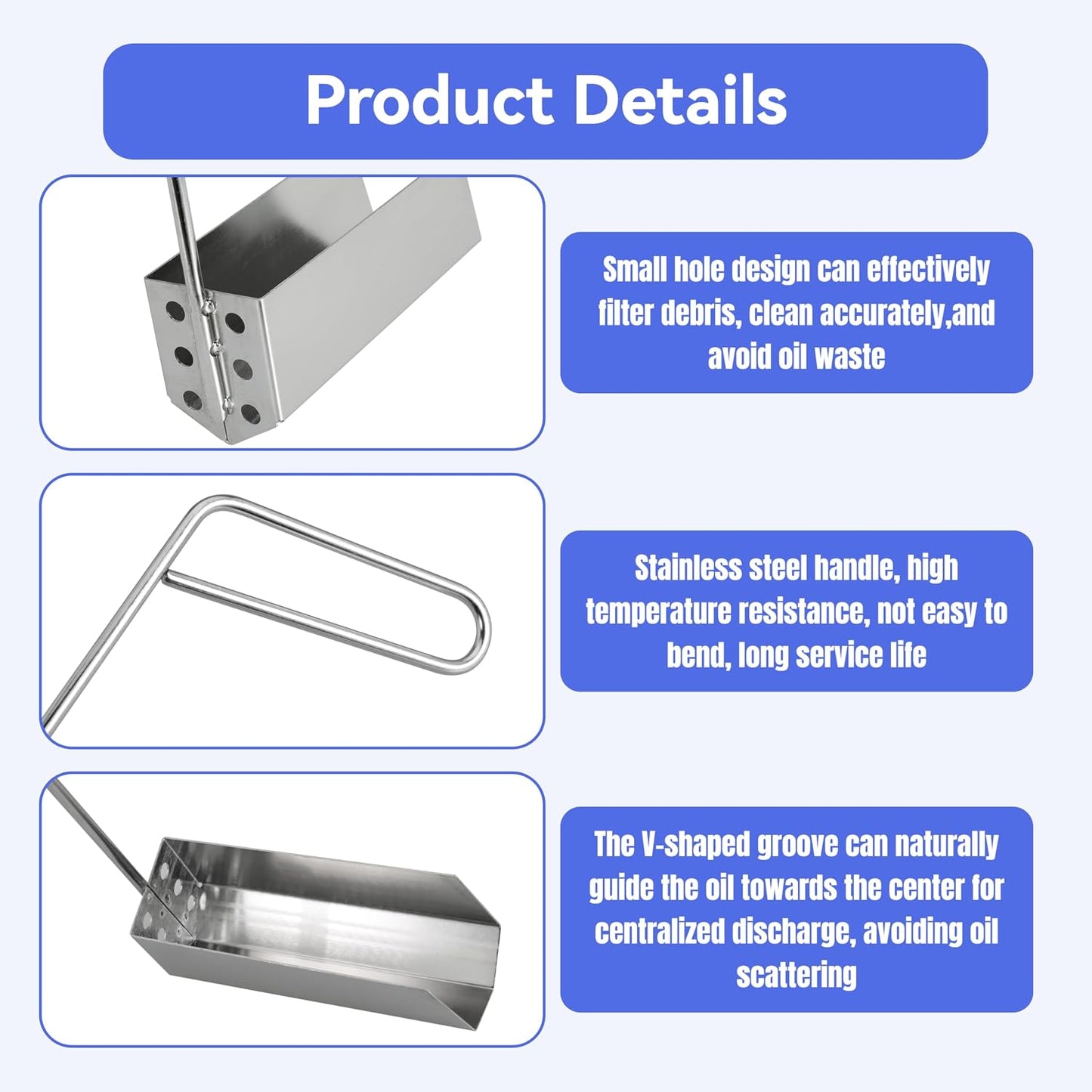 1PCS Deep Fryer Crumb Scoop, V-Shaped Fryer Strainer Crumb Scoop 750°F Heat-Resistant with Long Handle Drain Holes for Commercial Fryers Oil Filtration and Crumb Cleaning