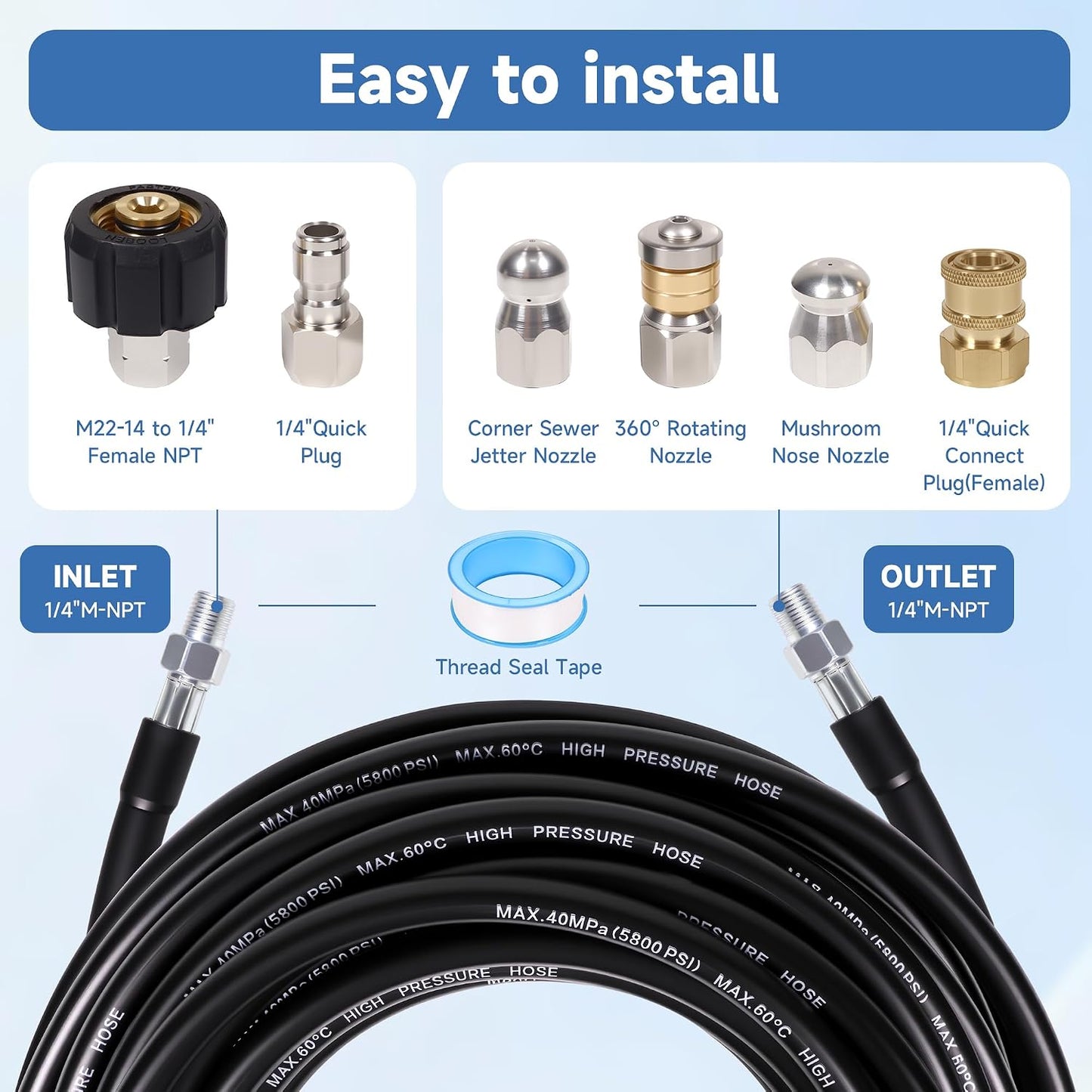 70FT Sewer Jetter Kit for Pressure Washer, 5800PSI, 1/4 Inch NPT Drain Cleaner Hose Sewer Jetting with Rotating Corner Button Nose Nozzle for Pipe Cleaning
