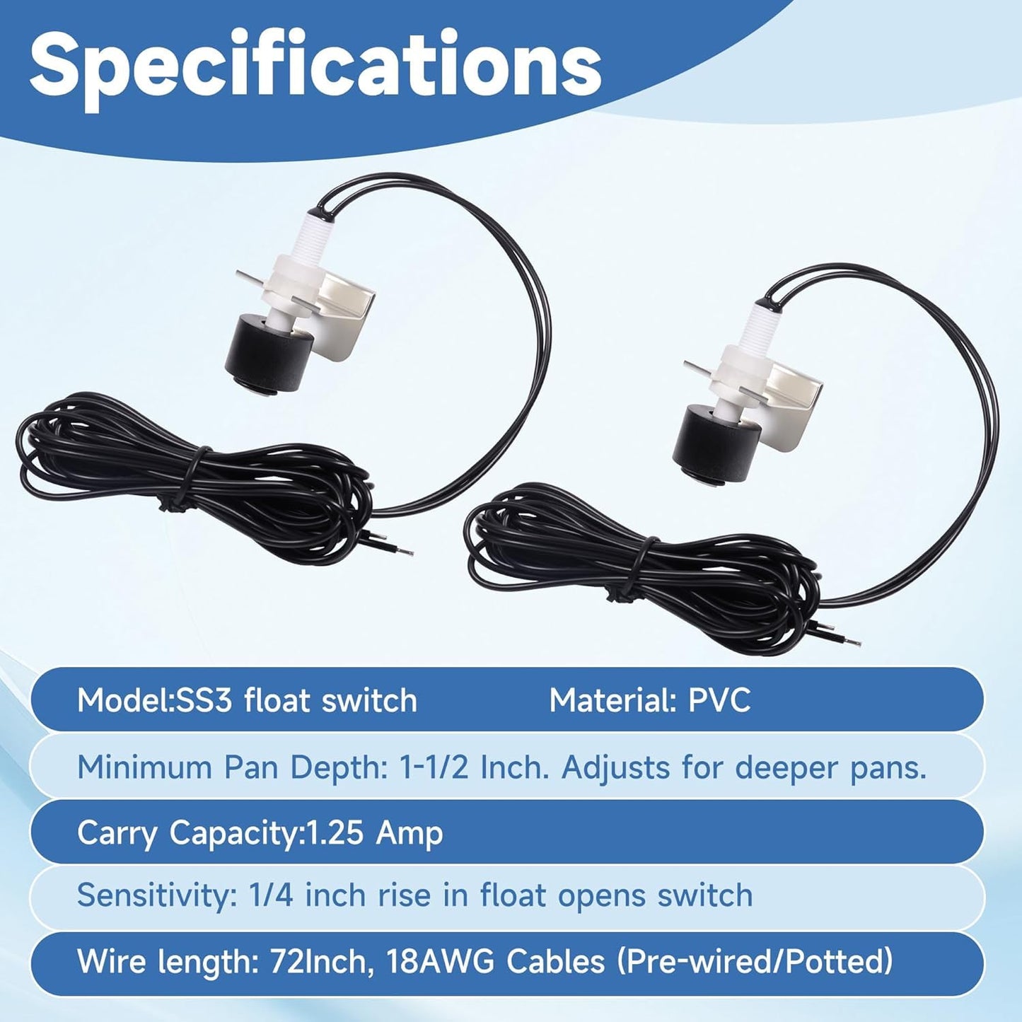 SS3 Float Switch Condensate Overflow Switch Replace 97647 for HVAC Drain Pan Condensate for Installation on Primary and Auxiliary Drain Pans (6Pack)