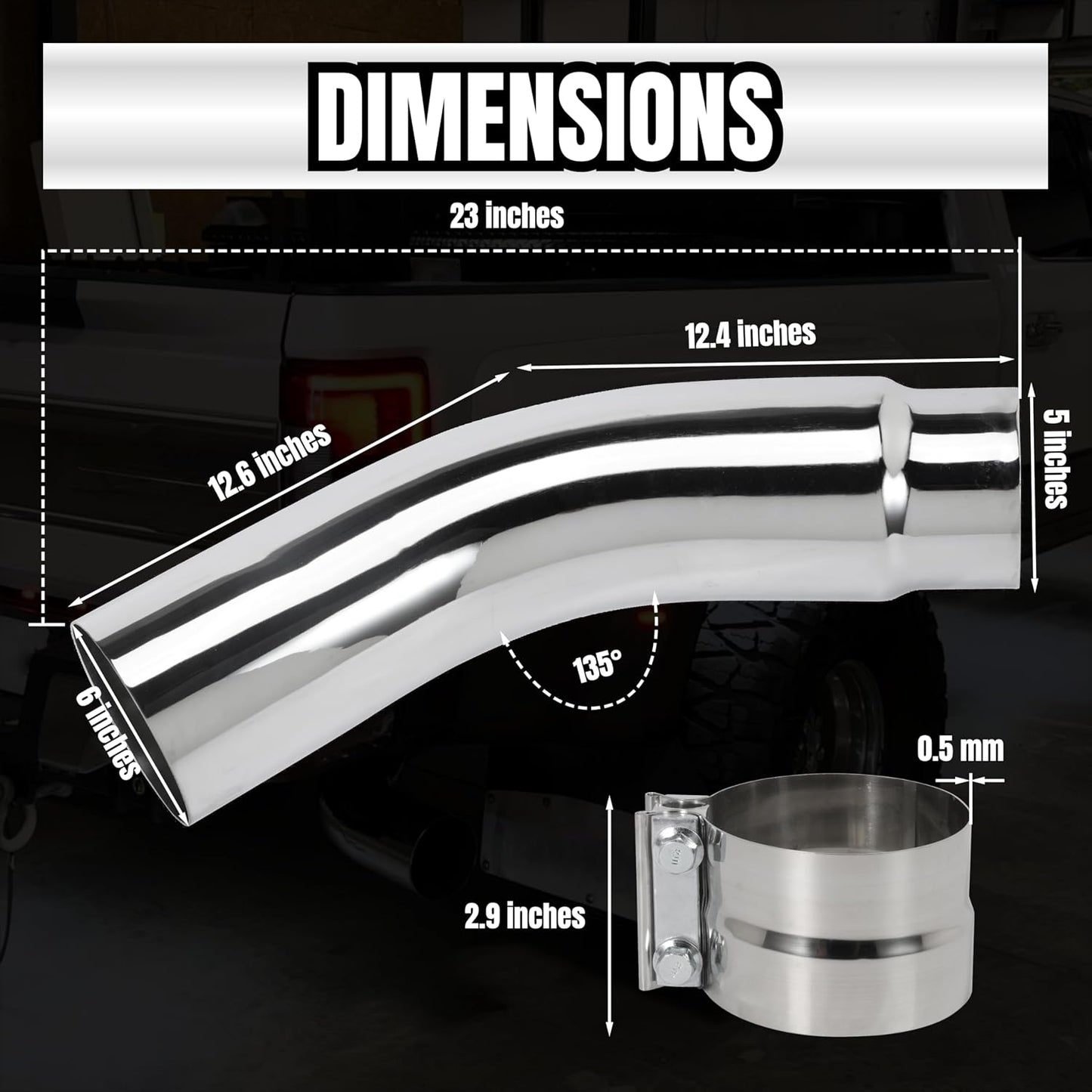 5 Inch Diesel Exhaust Elbow Tip, 5" Inlet to 6" Outlet, 23" Long Chrome Exhaust Pipe Elbow 2pcs 5'' Exhaust Clamps