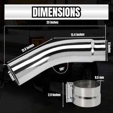 5 Inch Diesel Exhaust Elbow Tip, 5" Inlet to 6" Outlet, 23" Long Chrome Exhaust Pipe Elbow 2pcs 5'' Exhaust Clamps
