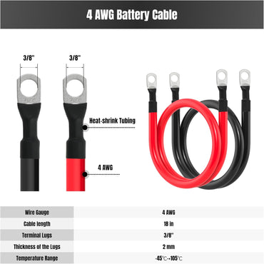 18in 4 AWG Battery Cable 4 Gauge Battery Cables 4AWG 18-Inch Battery Inverter Wires Cables with 3/8 inch Lugs for Solar Power Inverters, RVs, Campers, Travel Trailers, Cars, 2 Pairs