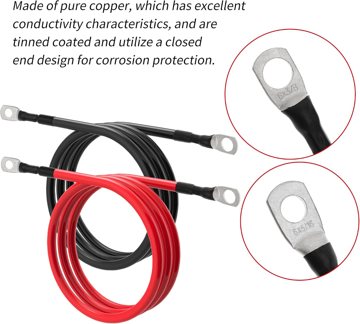 6 AWG Battery Cables 6 Gauge Power Inverter Cables with 3/8 Inch and 5/16 Inch Lugs Each End for Solar Marine RV Car SUV Truck Tractor Motorcycle 2pcs (2FT, 6 AWG)