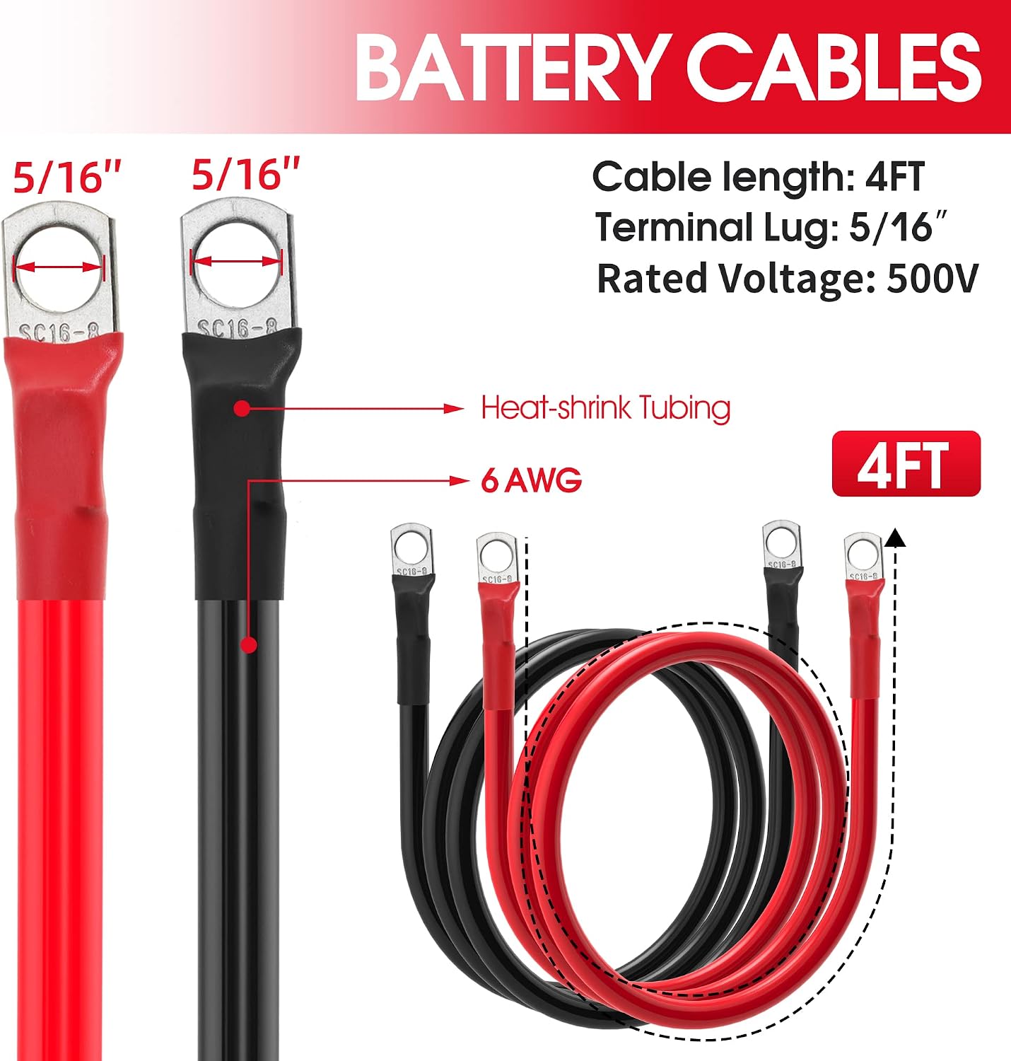 6 AWG Battery Cable 6AWG Gauge Battery Inverter Cables for Automotive Solar Marine Boat RV Car Motorcycle (6 AWG, 4FT, 5/16")