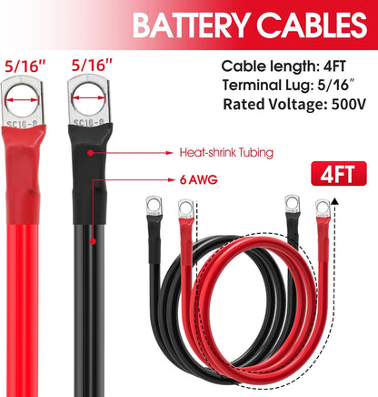 6 AWG Battery Cable 6AWG Gauge Battery Inverter Cables for Automotive Solar Marine Boat RV Car Motorcycle (6 AWG, 4FT, 5/16")
