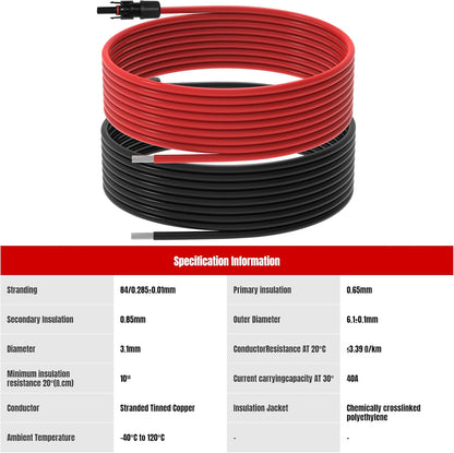 30Ft 10AWG Solar Panel Extension Cable, 10 AWG Solar Extension Cable 10 Gauge 30 Feet Solar Wire with Solar Panel Female Male Waterproof Connectors for RV Boat Home (10 AWG-30Ft)