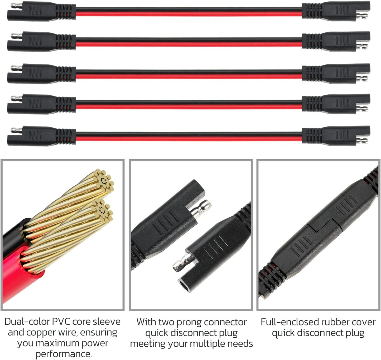 14 AWG SAE to SAE Extension Cable 14 Gauge 2-Pin SAE Connector Extension Cord with Dual Head Plug for Solar Panel Automotive Car Motorcycle 10in