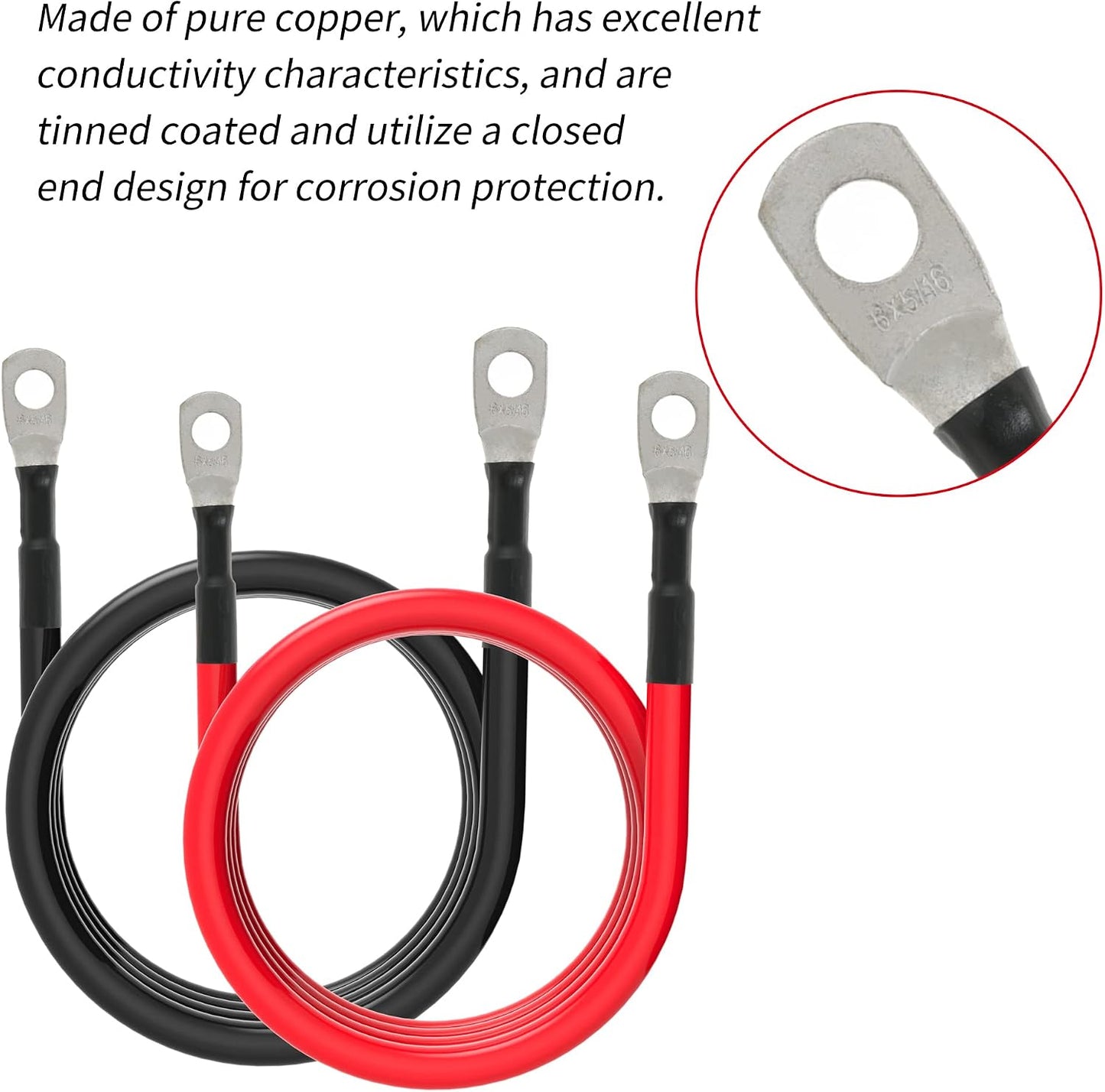 6 AWG Battery Cables 6 Gauge Battery Power Inverter Cable with 5/16 Inch Tinned Copper Lugs Both Ends for Solar Marine Boat RV Car Motorcycle 2 pcs (4FT)