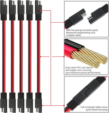 10 AWG SAE to SAE Extension Cable 10 Gauge 2-Pin SAE Connector Extension Cord with Dual Head Plug for Solar Panel Automotive Car Motorcycle 12in