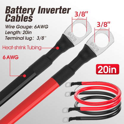 6 AWG Battery Cable 6AWG Gauge Battery Inverter Cables for Automotive Solar Marine Boat RV Car Motorcycle (6 AWG, 20in, 3/8")