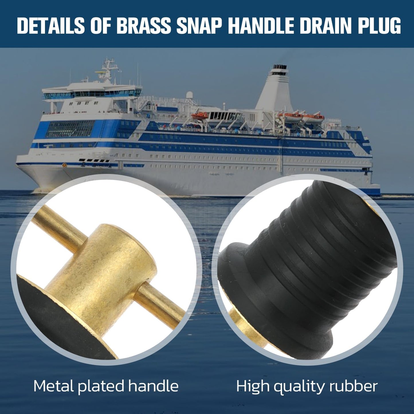 4pc Boat Drain Plugs - Rubber with Brass/Stainless Steel Handle - Marine Twist Plugs (Brass, 1 Inch)