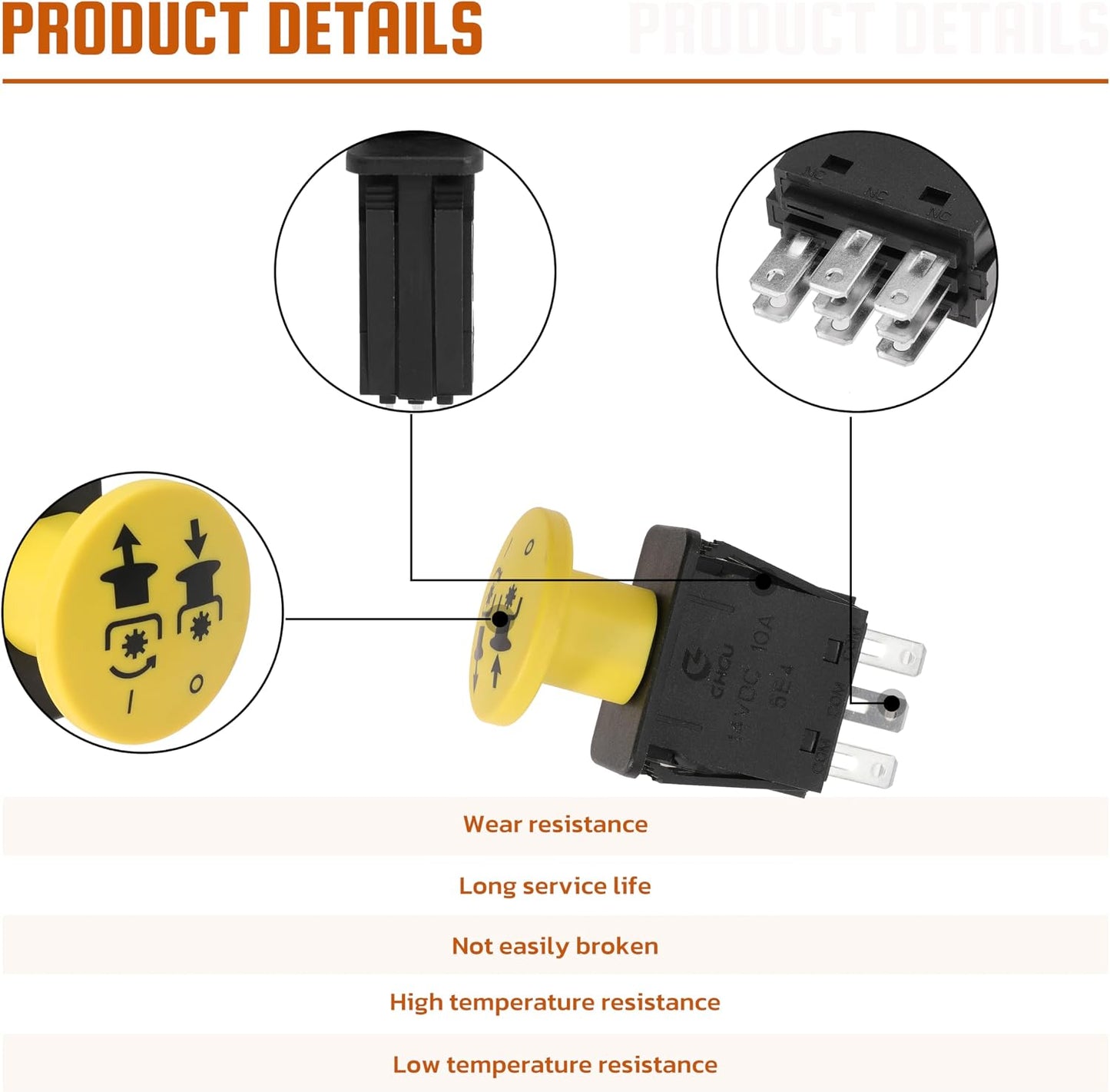 Clutch PTO Switch 8 Terminals for Scag for Murray for AYP for Husqvarna Compatible with 481687, 483957, 94927MA, 6201316MA, 146283, 140404, 430-433, 532140404, 1716332SM, 10 AMP, Yellow Knob