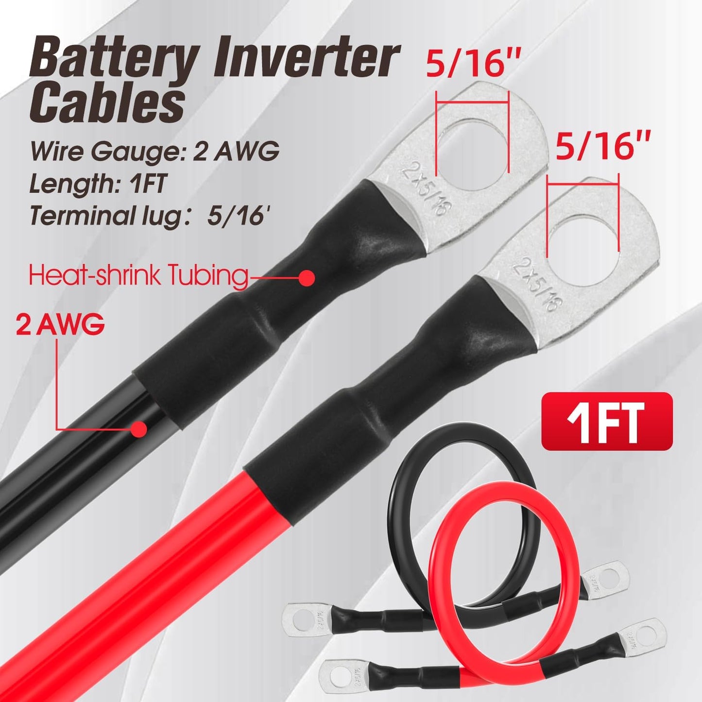 2 AWG Battery Cable 2AWG Gauge Battery Inverter Cables for Automotive Solar Marine Boat RV Car Motorcycle (2 AWG, 1FT, 5/16")