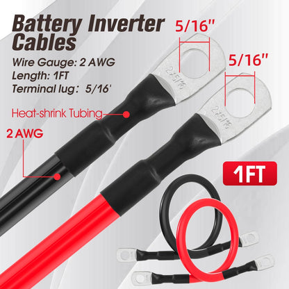 2 AWG Battery Cable 2AWG Gauge Battery Inverter Cables for Automotive Solar Marine Boat RV Car Motorcycle (2 AWG, 1FT, 5/16")