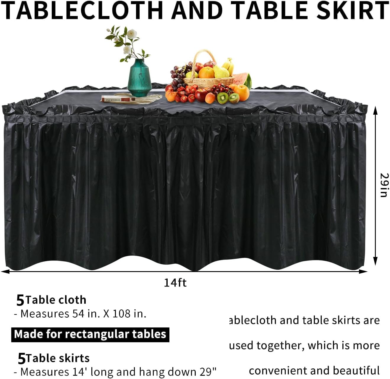 5 Pack Plastic Table Skirts & Cloths for Rectangle Tables, 14 Ft Blue Tableskirts & 54" x 108" Tablecloths - Tablecloth Skirt Covers for Party, Birthday, Baby Shower (Black)