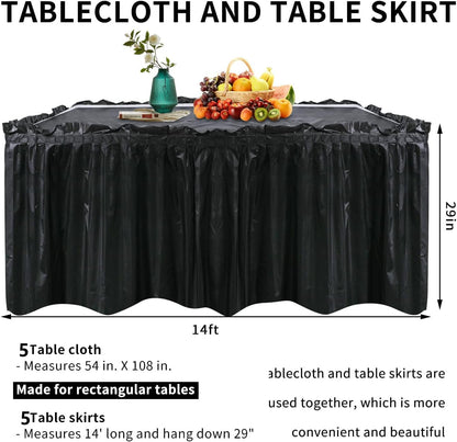 5 Pack Plastic Table Skirts & Cloths for Rectangle Tables, 14 Ft Blue Tableskirts & 54" x 108" Tablecloths - Tablecloth Skirt Covers for Party, Birthday, Baby Shower (Black)