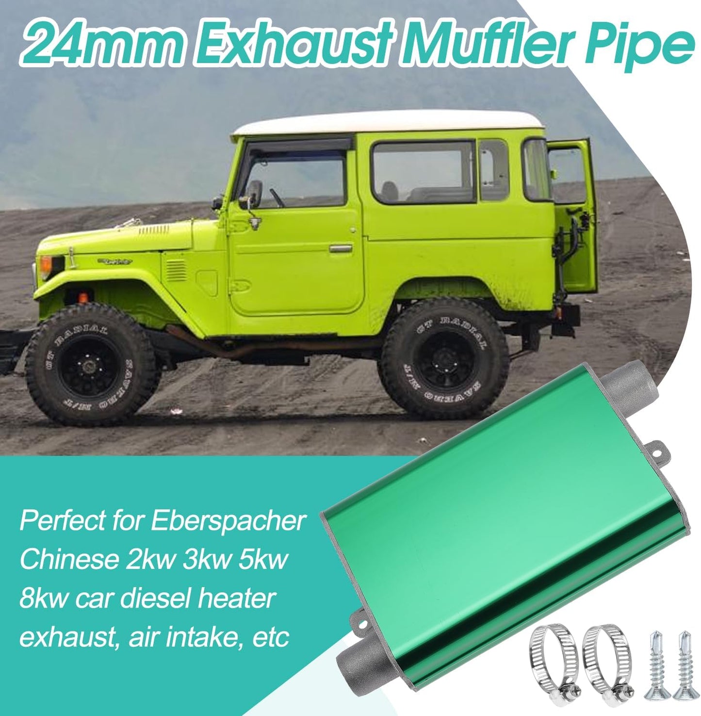24mm Exhaust Muffler Pipe Upgraded for Chinese for Eberspacher Diesel Heaters Air Compressor with 2 clamps and screws, Green