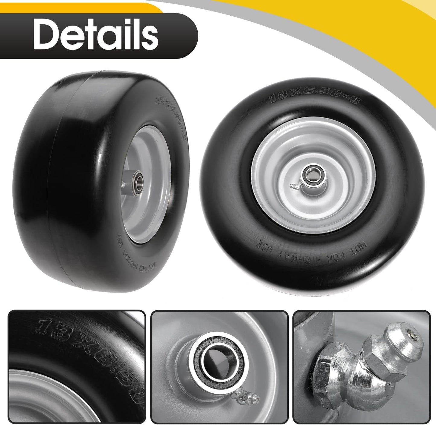 13x6.50-6" Lawn Mower Flat Free Front Wheel Tire, Solid Smooth Tire for Cub Cadet for Toro Zero Turn Lawn Mower with 5.5"-7.5" Center Hub and 3/4" 5/8" 1/2" Precision Bearings (Silver-2pc)