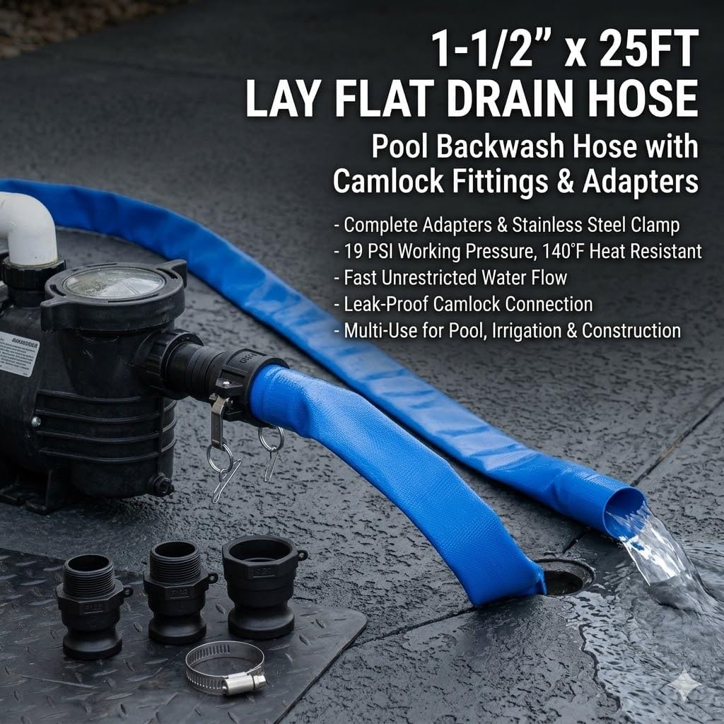 Pool Backwash Drain Hose Lay Flat Discharge Hose 1-1/2" x 25ft Reinforced Drain Pipe with Camlock Fittings for Pump Pool Drainage Includes 125F 125A 150F 150A Adapter and Clamp