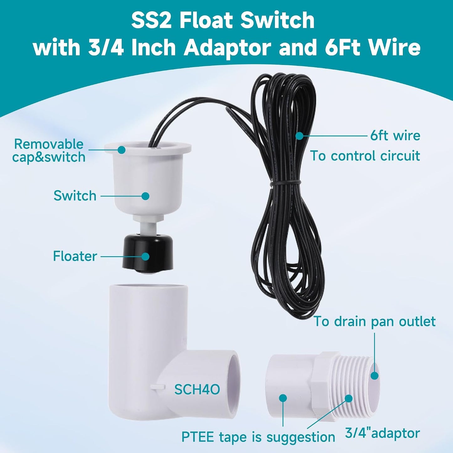Float Switch SS2 L-Shape with 3/4 Inch Adaptor and 6Ft Wire Water Float Switch for HVAC Drain Pan Condensate Outlet (6Pack)