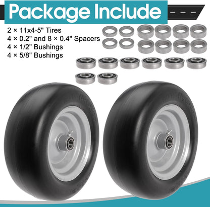 11x4.00-5" Front Wheel Flat Free Mower Tire, Solid Smooth Tire for John Deere for Craftsman for Toro Zero Turn Lawn Mower with 3.4"-5" Center Hub and 3/4" 5/8" 1/2" Precision Bearings (Silver-2pc)