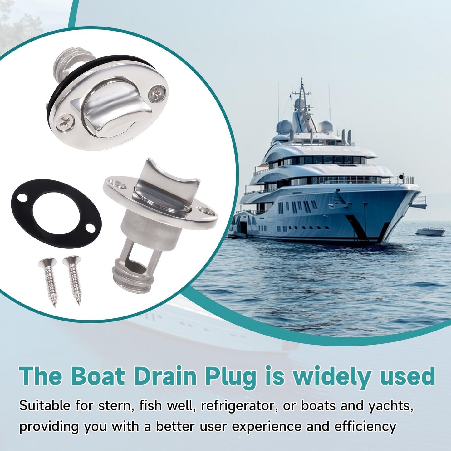 Stainless Steel Boat Drain Plug Oval Garboard Transom Marine Plugs Fit for 1" Hole,Thread for 3/4", with Screws and Waterproof O-Ring