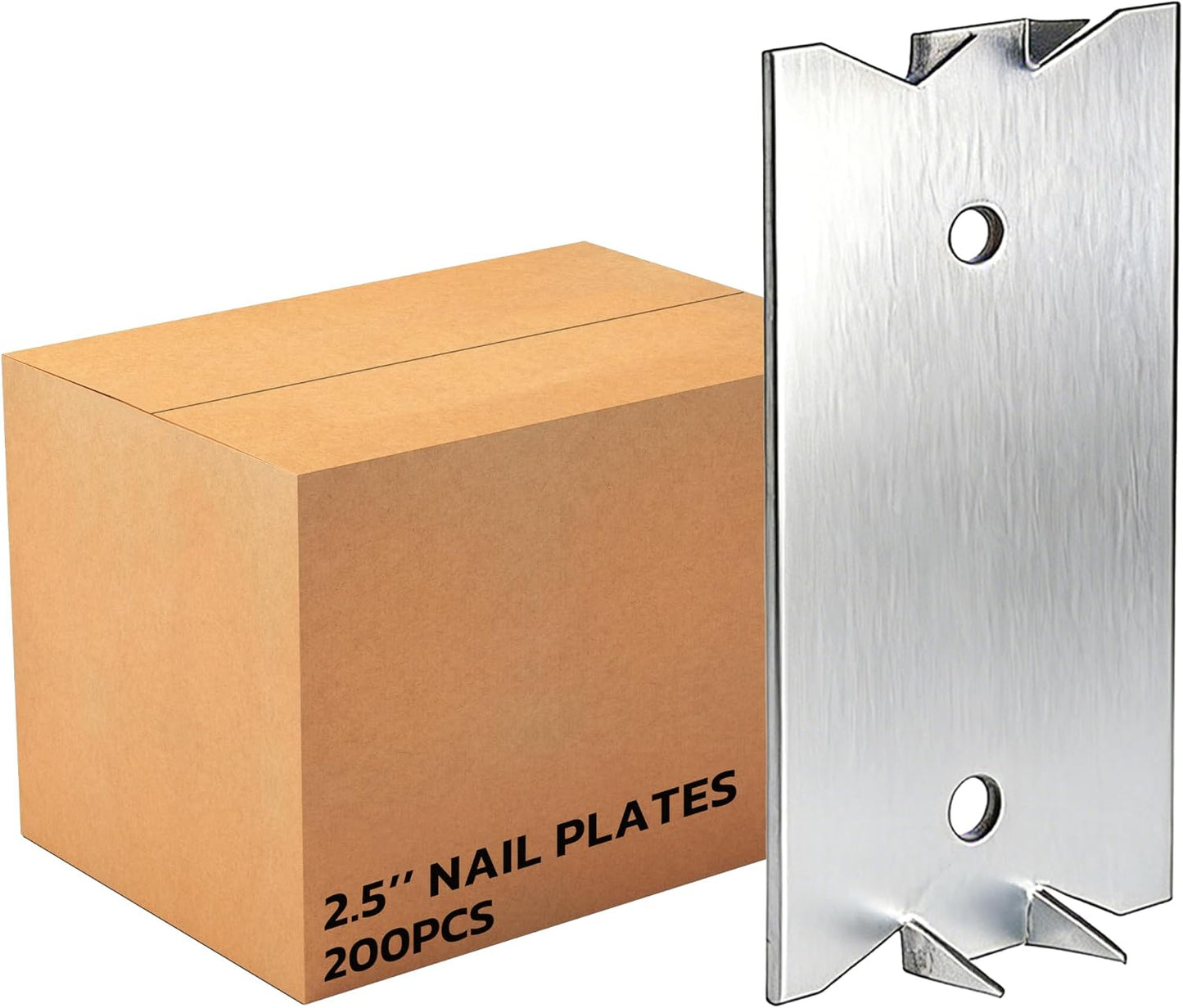 200 PCS 2.5 x 1.5 Inch Nail Plate for Wood Studs, Metal Cable Protector Plate Safety Nail Plates with Sharp Pointed Prongs, Steel Cable Wire for Protecting Plumbing and Wiring