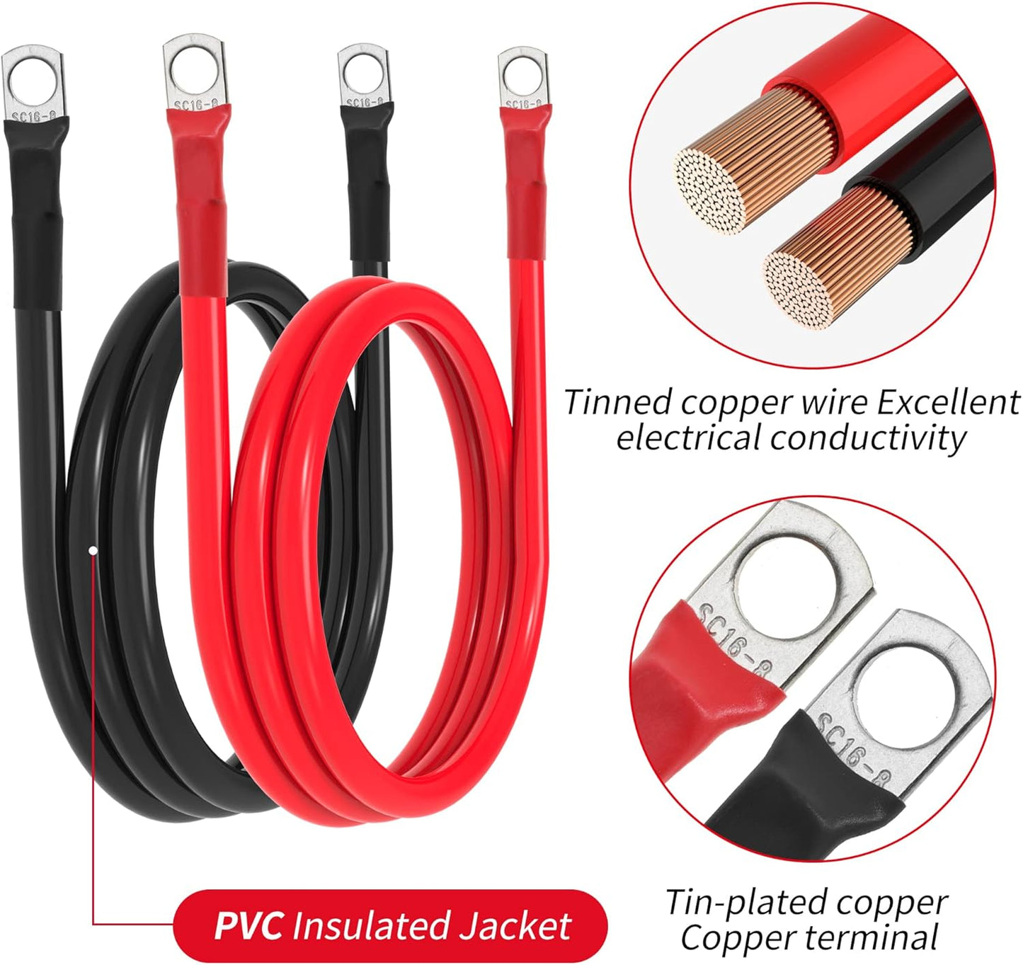6 AWG Battery Cable 6 Gauge Battery Wires with 5/16 terminals Power Inverter Cables for Solar Boat Marine RV Car (3FT, 1 red +1 black cable)
